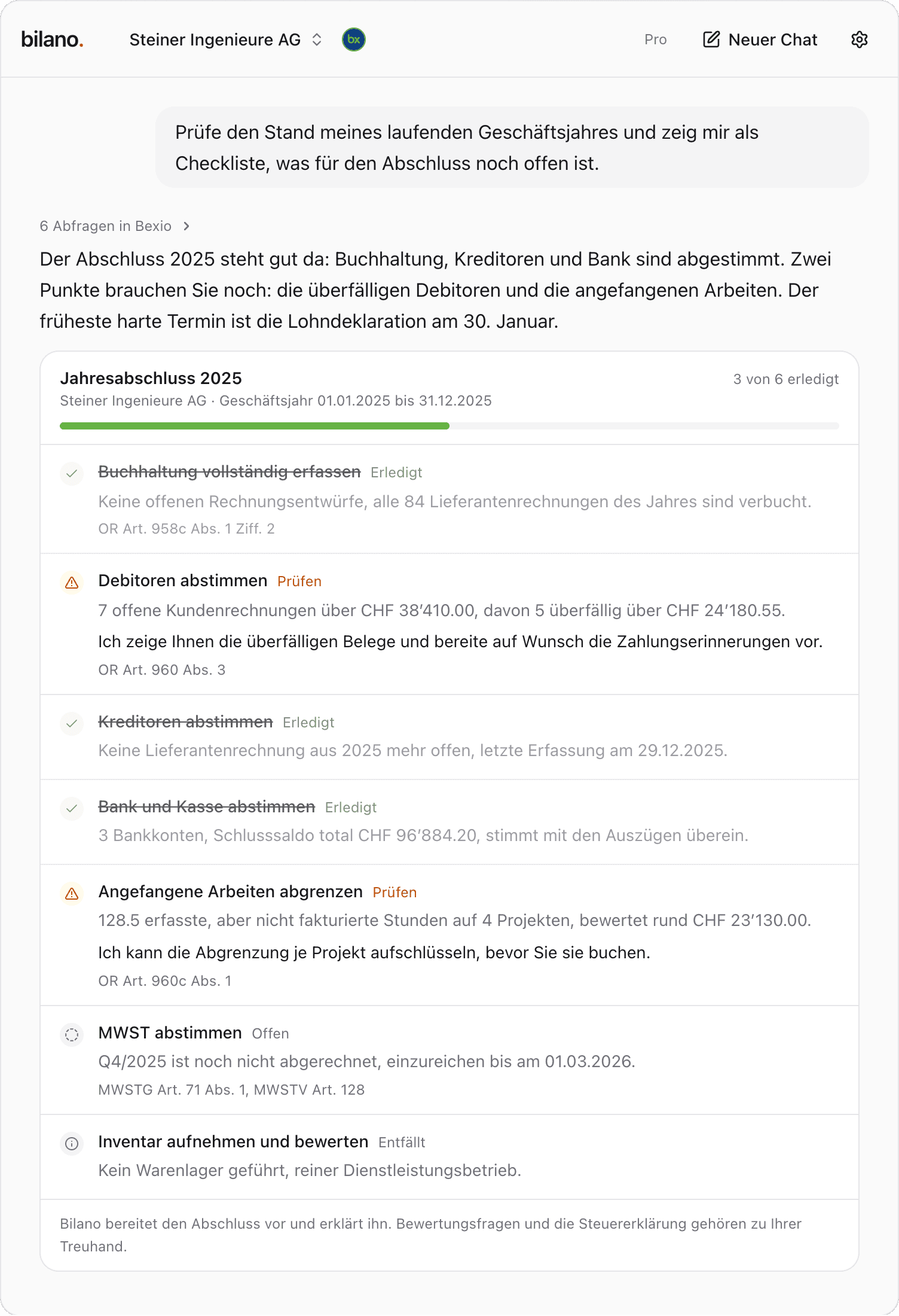 Bilano beantwortet: Was ist für den Abschluss noch offen?