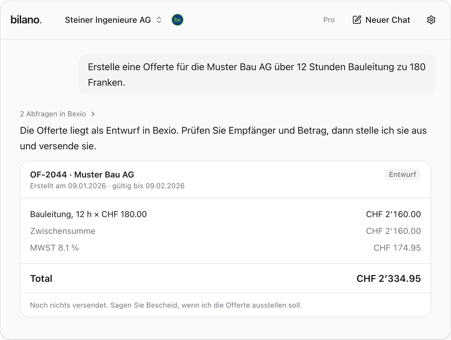 Offerte als Entwurf mit Positionen, MWST und Total