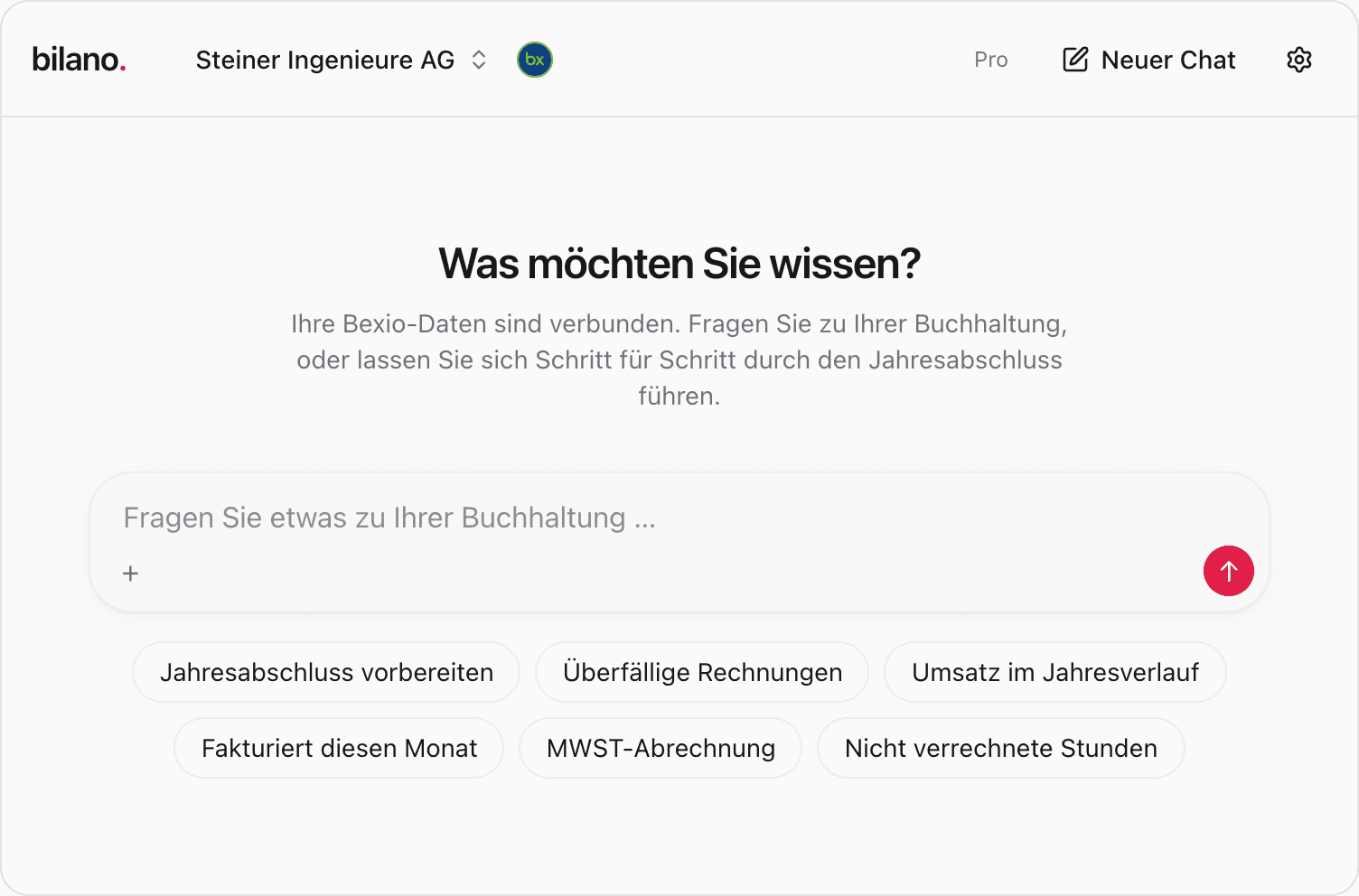 Der leere Chat von Bilano mit dem Eingabefeld und sechs vorgeschlagenen Fragen