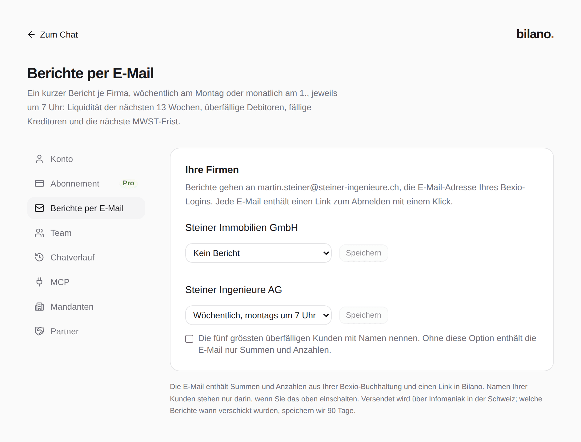 Einstellungen, Berichte per E-Mail: Steiner Immobilien GmbH mit «Kein Bericht», Steiner Ingenieure AG mit «Wöchentlich, montags um 7 Uhr» und das Kontrollkästchen für die fünf grössten überfälligen Kunden.