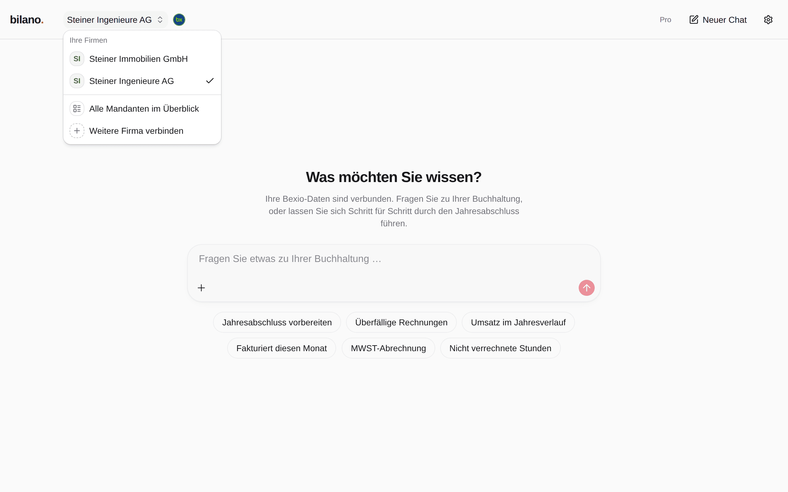 Geöffneter Firmenwechsler in Bilano mit zwei verbundenen Firmen und «Weitere Firma verbinden».
