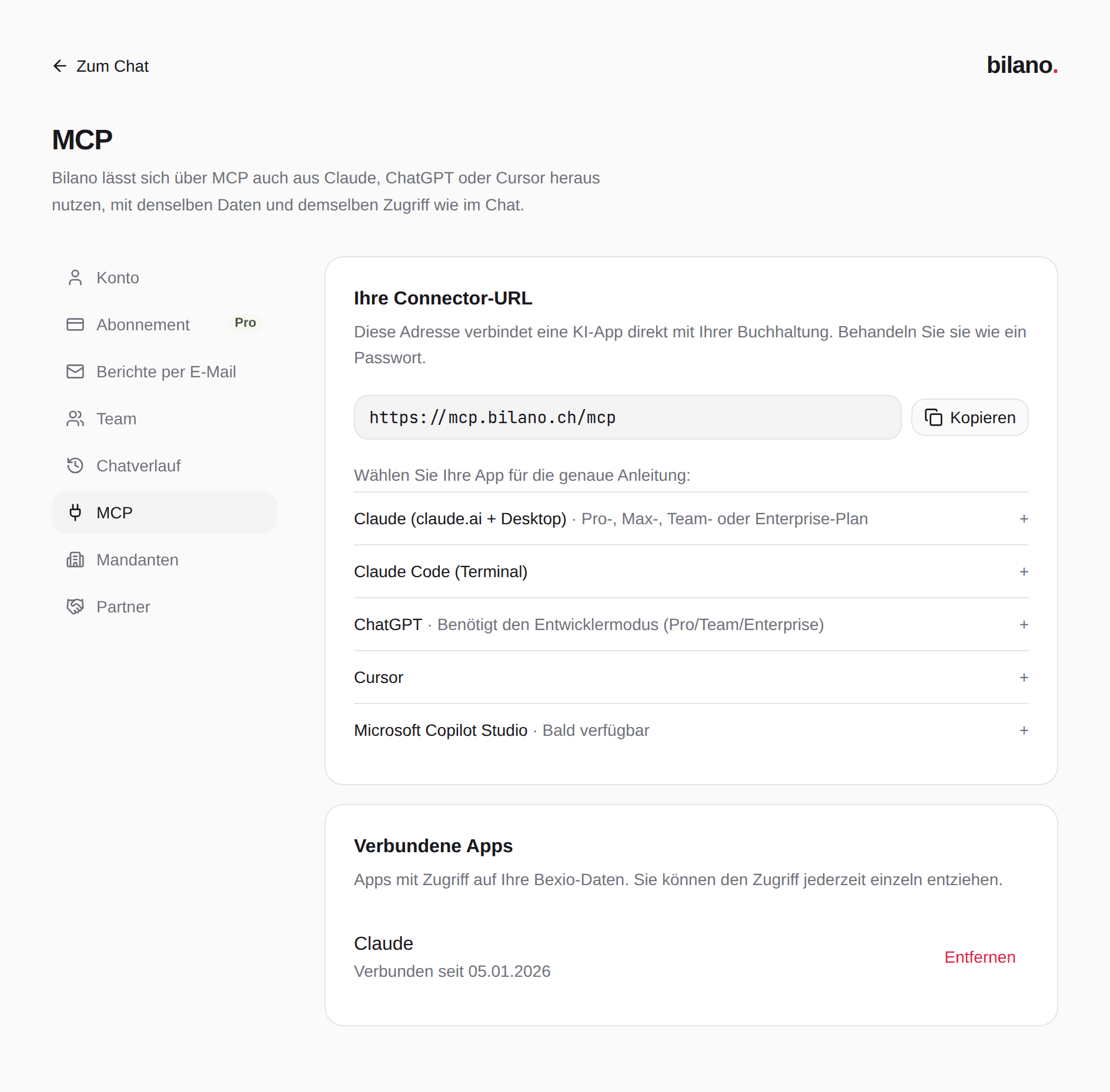 Bilano-Einstellungen, Bereich MCP, mit der Connector-URL und den Anleitungen für Claude, ChatGPT und Cursor.